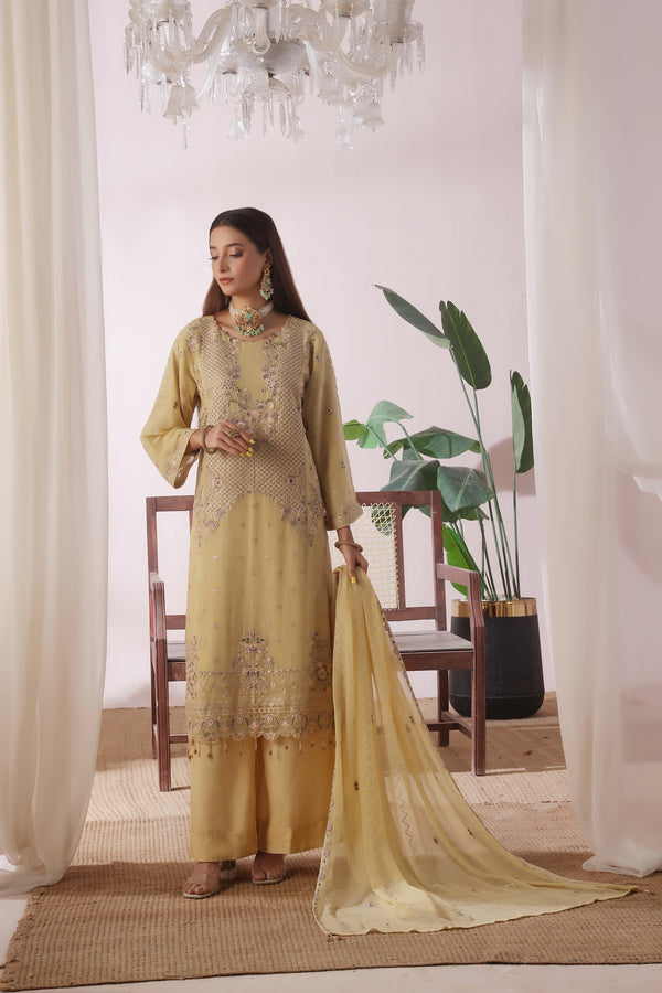 KOMAL – Semi-Stitched 3-Piece Luxury Embroidered Chiffon (Light Yellow)
