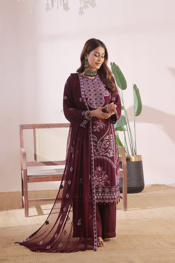 Woman in a maroon embroidered traditional outfit standing indoors with a plant and chair in the background.