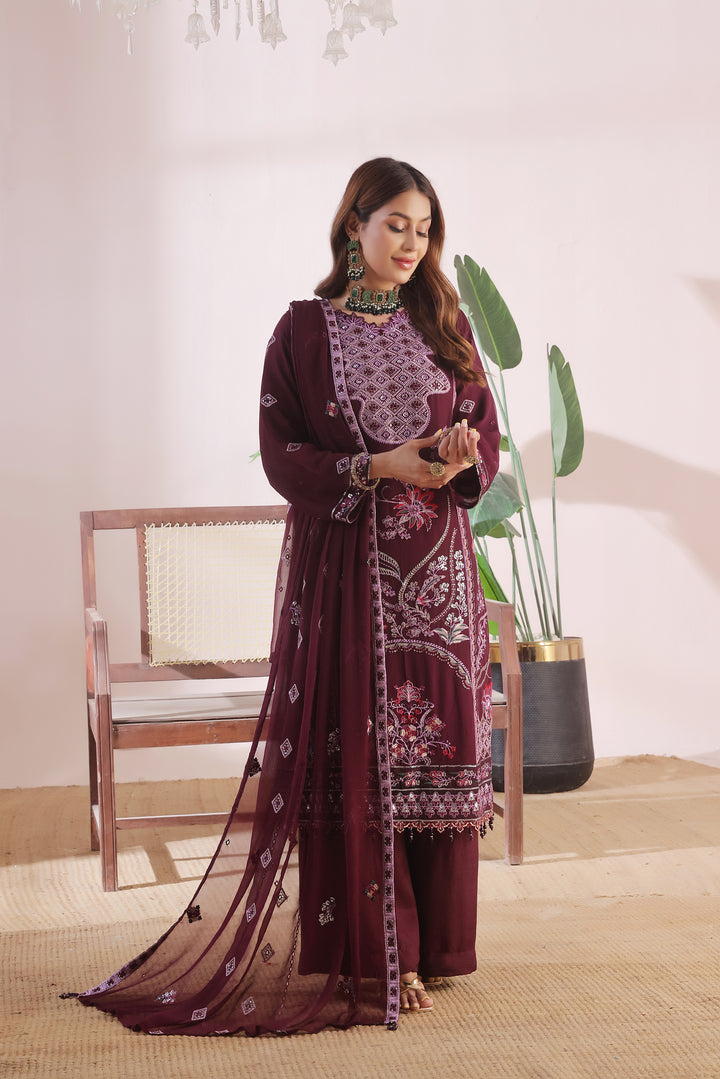 Woman in a maroon embroidered traditional outfit standing indoors with a plant and chair in the background.