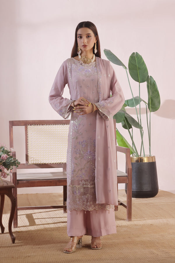 KOMAL | Semi-Stitched 3-Piece Luxury Embroidered Chiffon (Light Pink)