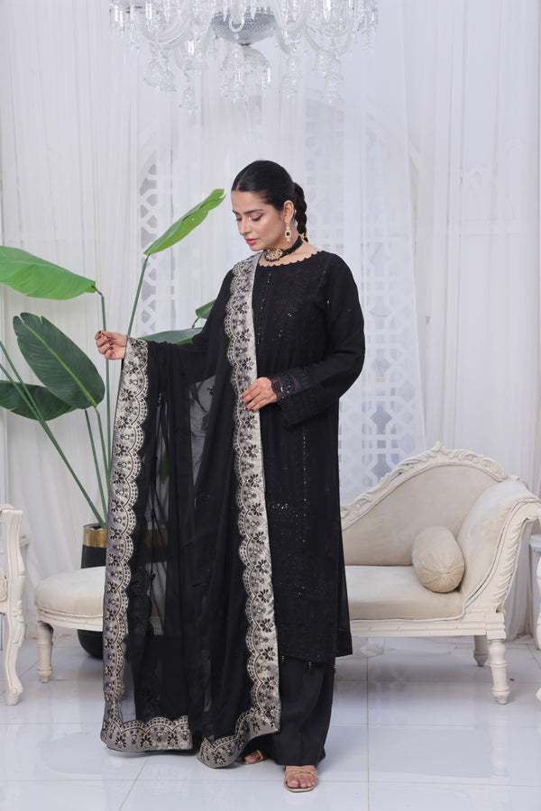 MULBERRY – Semi-Stitched Luxury Embroidered Chiffon 3-Piece Suit