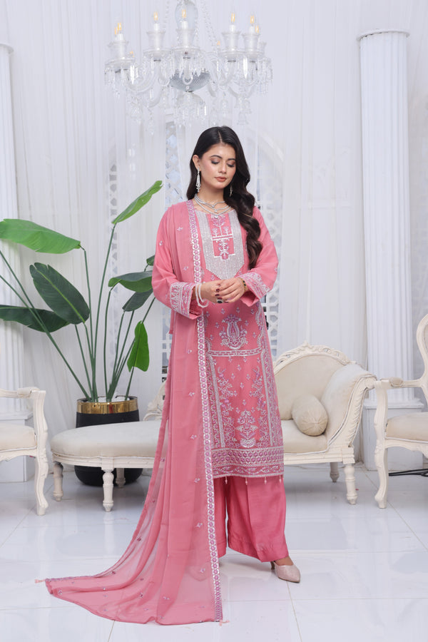 MULBERRY – Semi-Stitched Luxury Embroidered Chiffon 3-Piece Suit