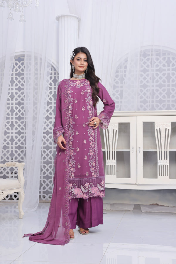 MULBERRY – Semi-Stitched Luxury Embroidered Chiffon 3-Piece Suit