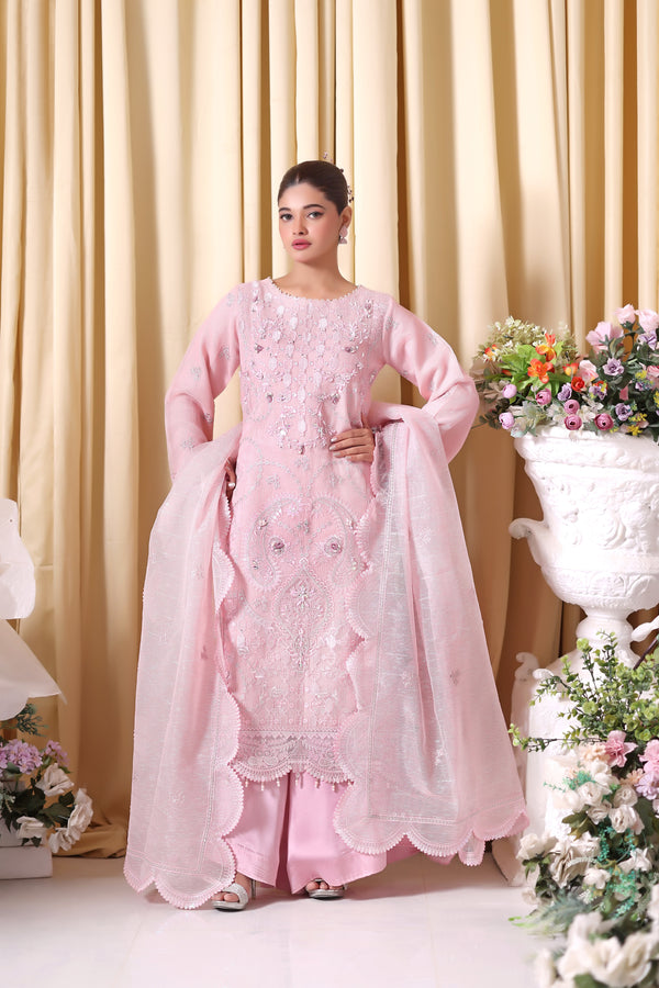 TARA – Embroidered Aiyudiya Net (Baby Blossom Pink)