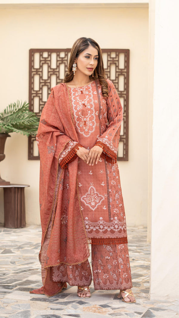 Launching New Un-Stitched  3 Pcs Premium Chiken-Kari Embroidered Digital Printed Lawn Collection