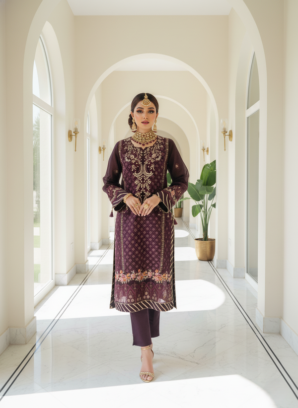 DHANAK - Embroidered Organza (Royal Plum)