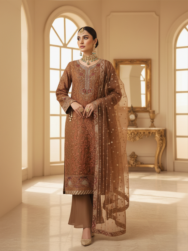 DHANAK - Embroidered Organza (Bronze Ember)