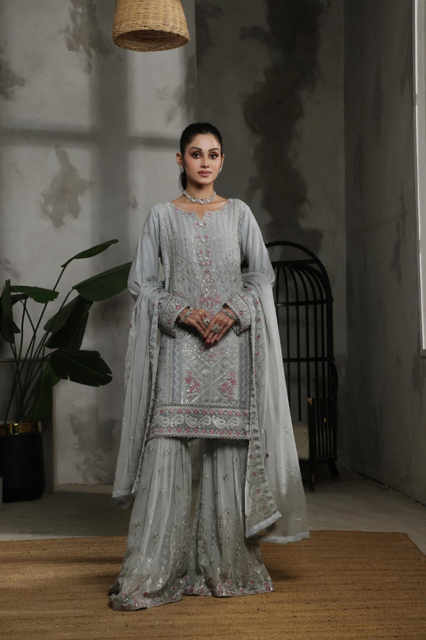 Launching New Stitched 3 Piece Embroidered Luxury Chiffon Gharara Collection