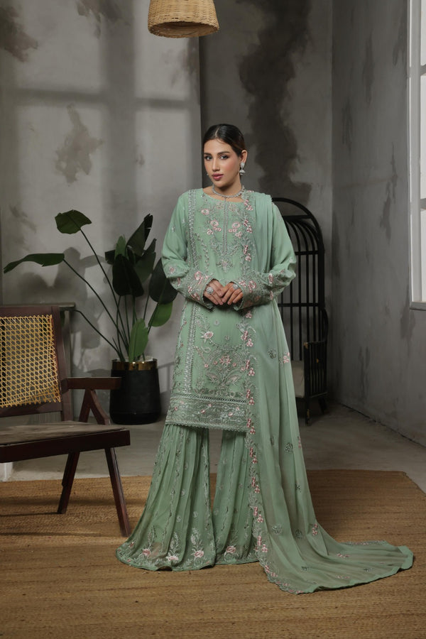 Launching New Stitched 3 Piece Embroidered Luxury Chiffon Gharara Collection