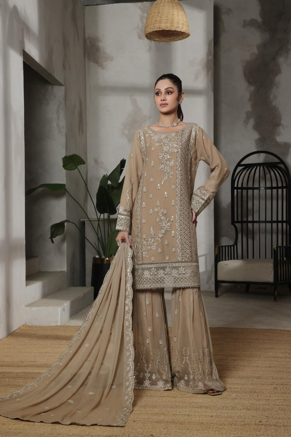Launching New Stitched 3 Piece Embroidered Luxury Chiffon Gharara Collection